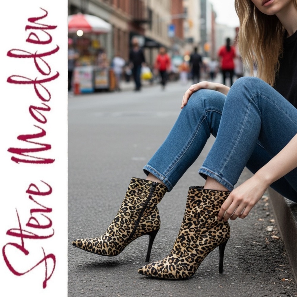 Steve Madden Enya Leopard Print Sock Boots Pointed Toe Stiletto Ankle Bootie 8.5
